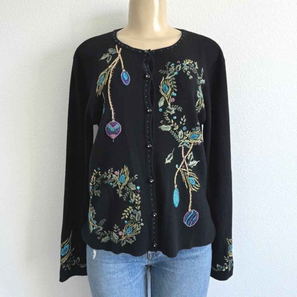 Kikit Vintage Peacock Embroidery Cardigan Sweater Black Sequin Beaded Whimsigoth